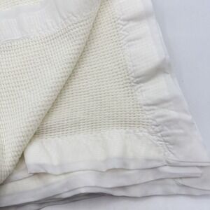 Vintage White Satin Trim Baby Blanket Lovey Waffle Weave 39"X47"